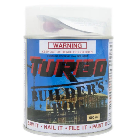 Can of Turbo Builder's Wood with warning label on a white background