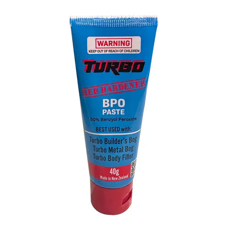 Blue and red tube of Turbo BPO Paste on a white background