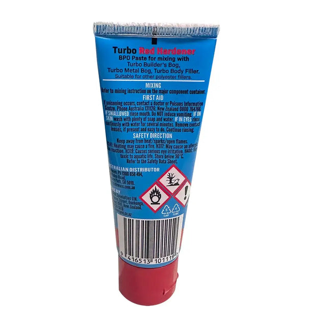 Blue and red tube of Turbo Red Hardener on a white background