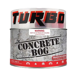Can of Turbo Concrete Bog with warning label on a white background