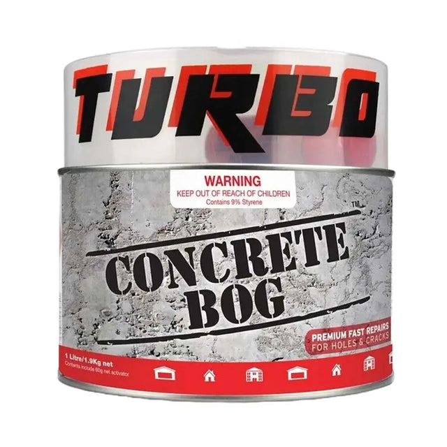 Can of Turbo Concrete Bog with warning label on a white background