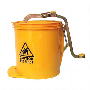 Yellow bucket with a handle and 'Caution: Wet Floor' sign on a white background