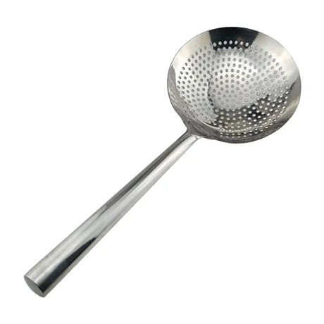 Metallic skimmer with perforated design on a white background