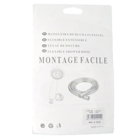 Packaging of a flexible shower hose with text and illustrations on a white background
