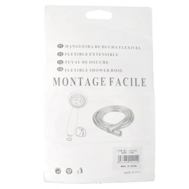 Packaging of a flexible shower hose with text and illustrations on a white background