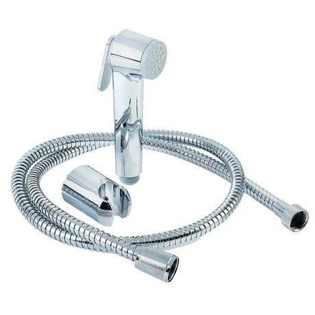 Chrome handheld shower head with flexible hose on a white background