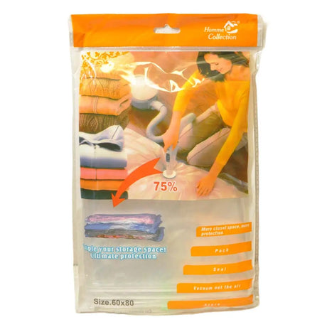 Vacuum storage bag packaging with a person using it and text on a white background