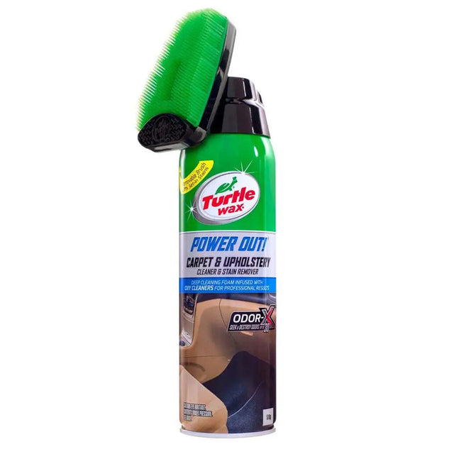 Turtle Wax Power Out! carpet and upholstery cleaner with brush on a white background