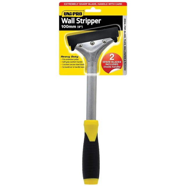 Wall stripper with black blade and yellow handle on a white background