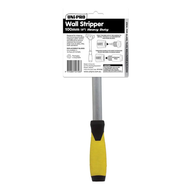 Wall stripper with yellow handle and black grip on a white background