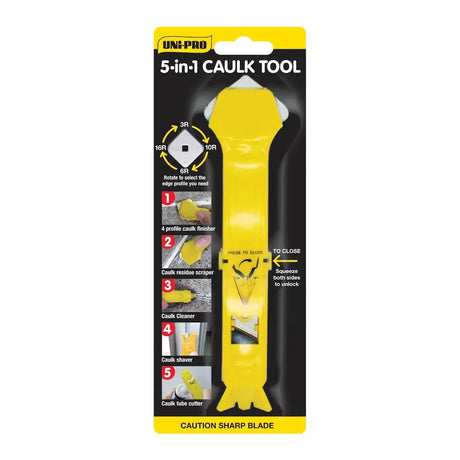 Yellow 5-in-1 caulk tool with packaging on a white background