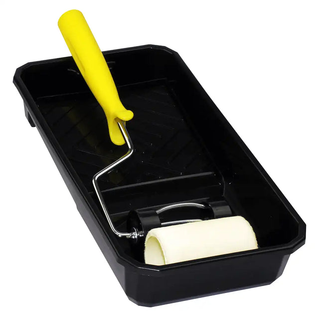 Paint roller set with black tray, yellow handle, and white roller sleeve on a white background
