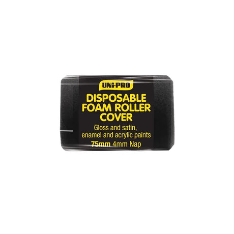 Disposable foam roller cover packaging with black and yellow text on a white background