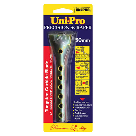 Uni-Pro precision scraper packaging with text and images on a white background