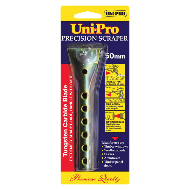 Uni-Pro precision scraper packaging with text and images on a white background