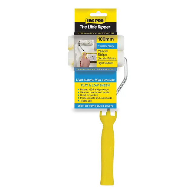 Paint roller with yellow handle and packaging on a white background