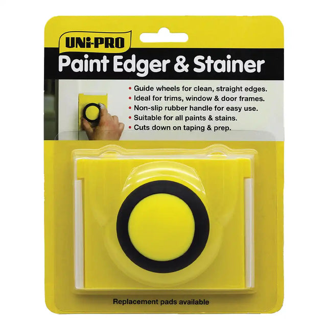 Yellow paint edger and stainer with UNI-PRO branding on packaging
