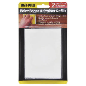 Pack of UNI-PRO Paint Edger & Stainer Refills with a hand holding a paint roller on a white background