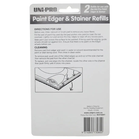 Back of a UNI-PRO Paint Edger & Stainer Refills packaging with usage directions and branding.