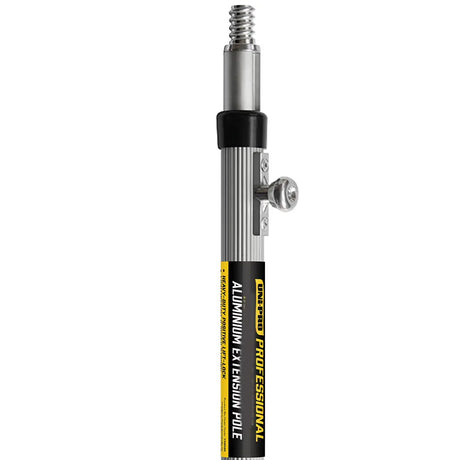 Aluminum extension pole with black and yellow label on a white background