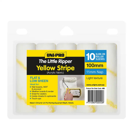 Pack of UNI-PRO roller sleeves with yellow stripe on a white background