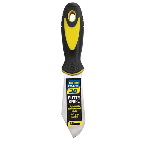 Putty knife with black and yellow handle on a white background