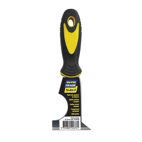 Paint scraper with black and yellow handle on a white background
