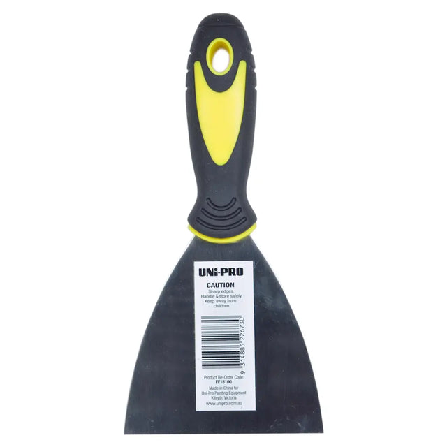 Black putty knife with yellow handle and UNI-PRO label on a white background