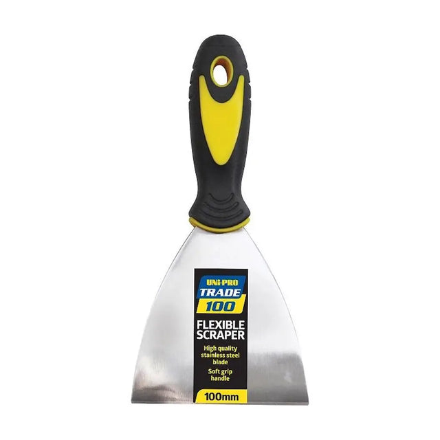 Flexible scraper with black and yellow handle on a white background