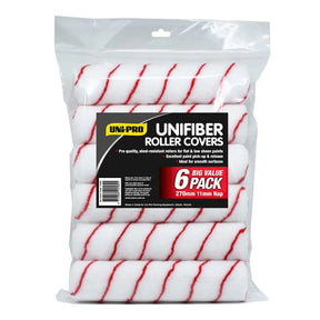 Pack of Uni-Pro Unifiber roller covers with red stripes on a white background
