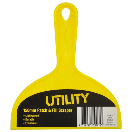 Yellow utility patch and fill scraper with black label on a white background