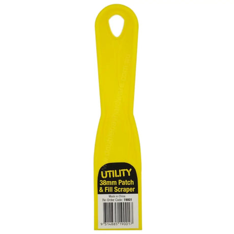 Yellow utility patch and fill scraper with black label on a white background