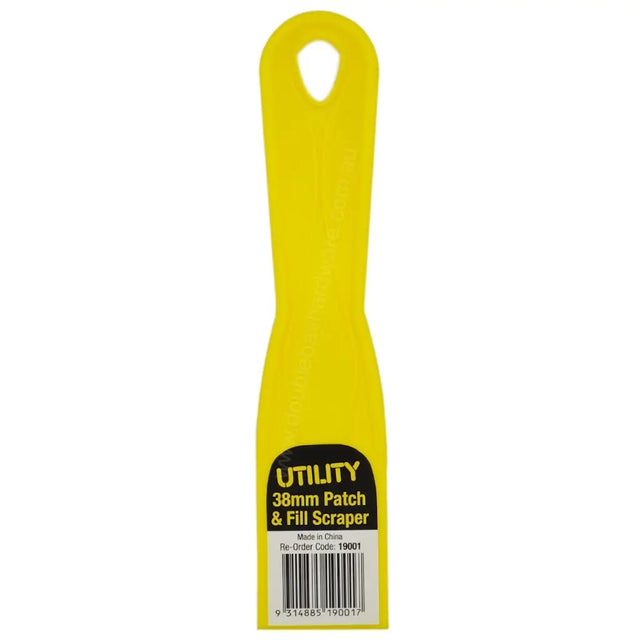 Yellow utility patch and fill scraper with black label on a white background