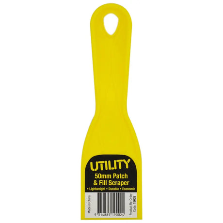 Yellow utility scraper with black label on a white background