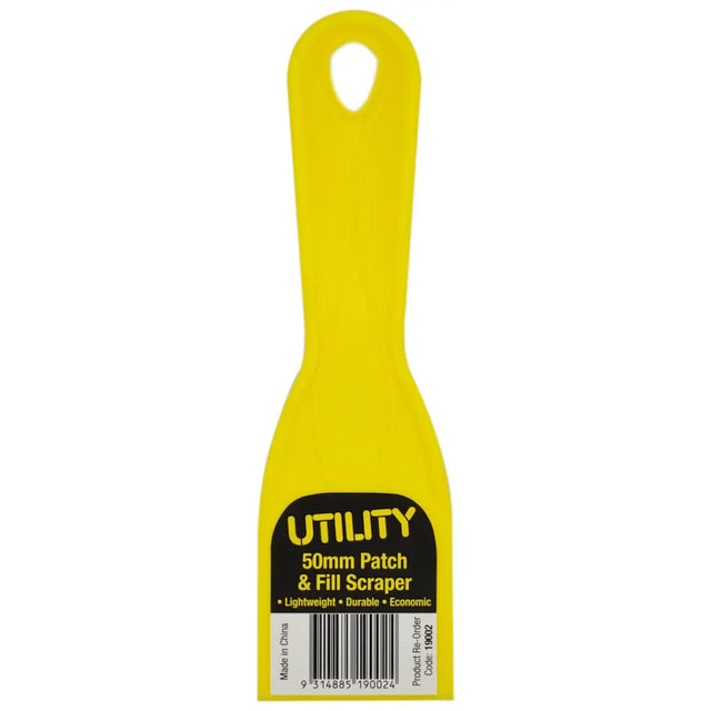 Yellow utility scraper with black label on a white background