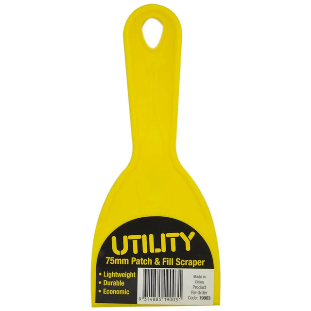 Yellow utility scraper with black label on a white background