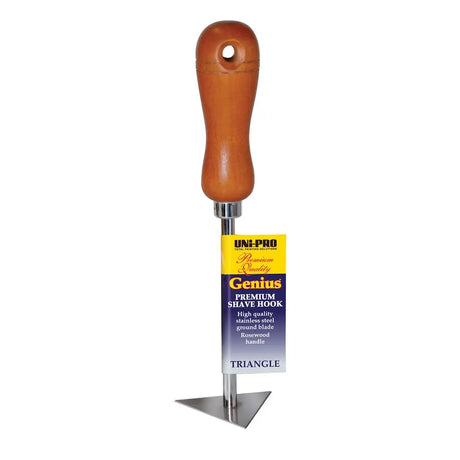 Shave hook with wooden handle and metal blade on a white background