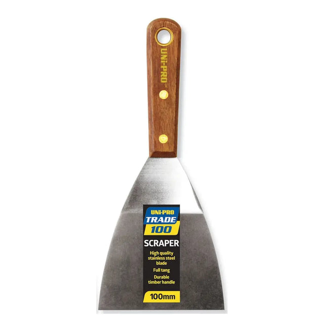 Scraper tool with wooden handle and metal blade on a white background
