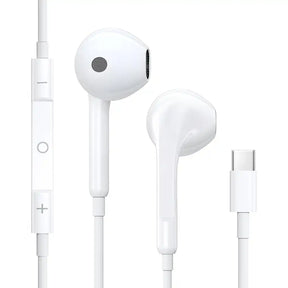 White earphones with a USB-C connector on a white background