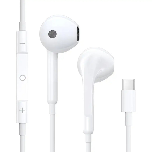 White earphones with a USB-C connector on a white background