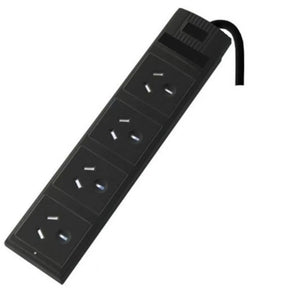 Black power strip with multiple outlets on a white background