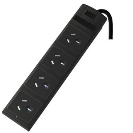 Black power strip with multiple outlets on a white background