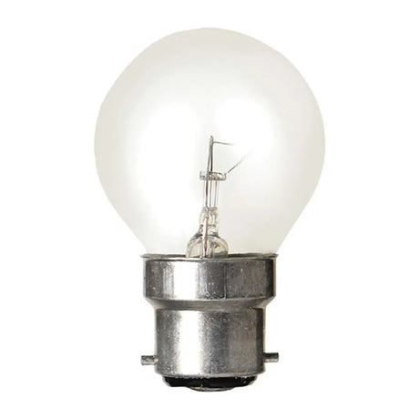 Clear light bulb with metal base on a white background