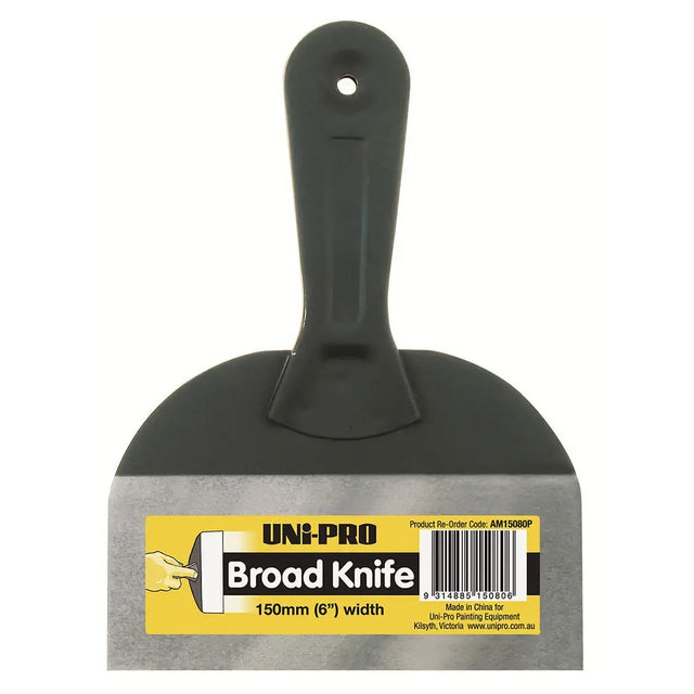Uni-Pro broad knife with a black handle and gray blade on a white background