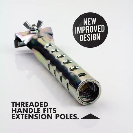 Metallic extension pole handle with threaded design on a white background