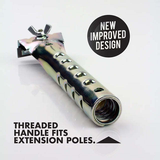 Metallic extension pole handle with threaded design on a white background