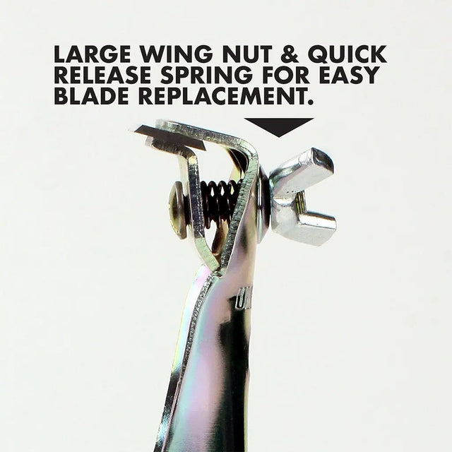 Close-up of a razor with text about large wing nut and quick release spring for easy blade replacement on a light gray background.