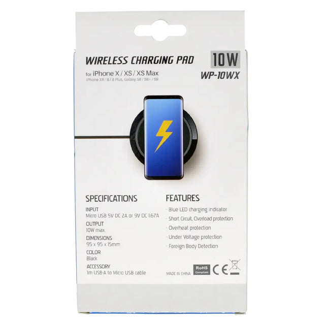 Wireless charging pad packaging with specifications on a white background