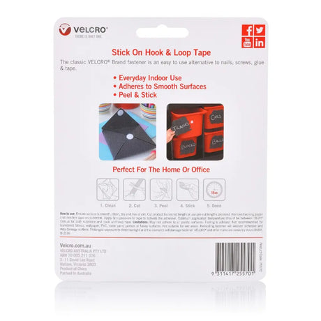 Velcro stick on hook and loop tape packaging with branding and product information.