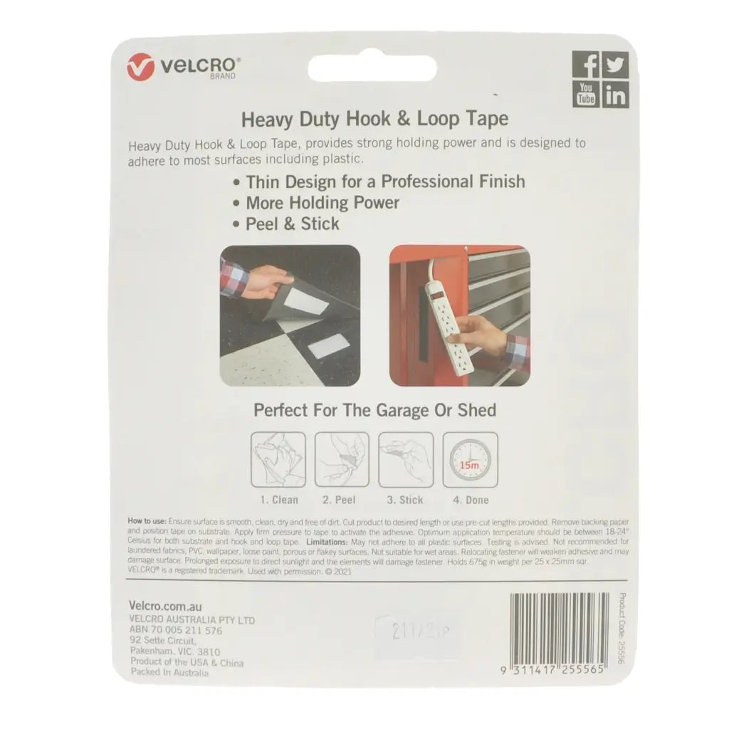 Velcro Heavy Duty Hook & Loop Tape packaging with product details and usage examples.